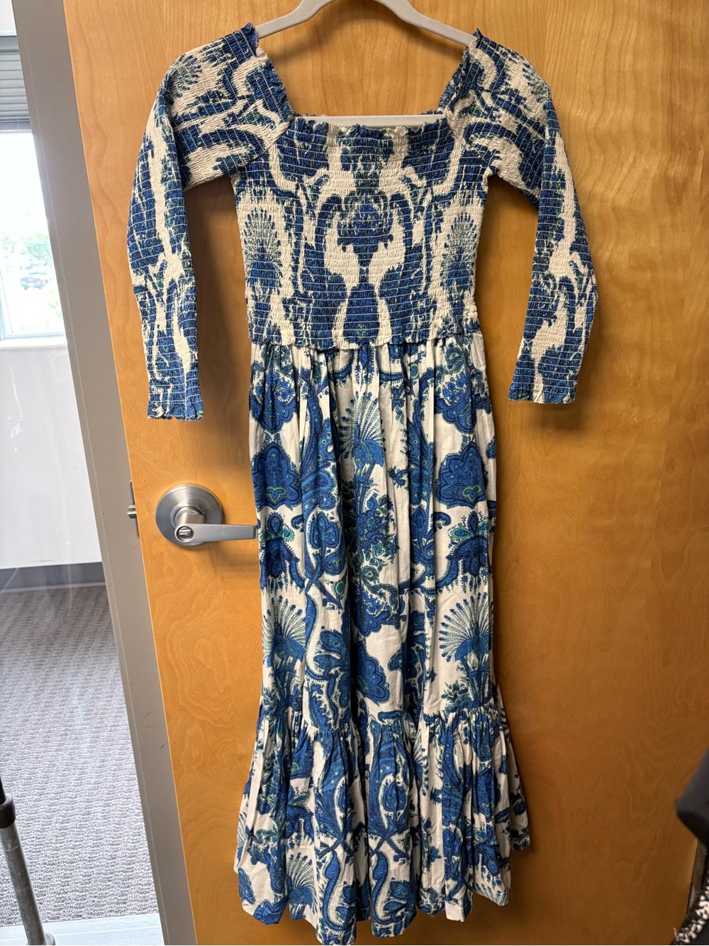 Cara Cara Blue & White Long Sleeve Smocked Maxi Dress